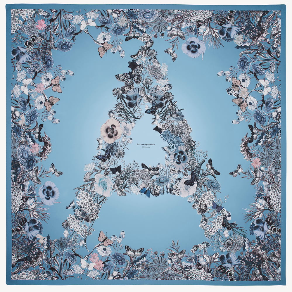 Ombre 'A' Floral Silk Scarf Sky Blue Pure Silk
