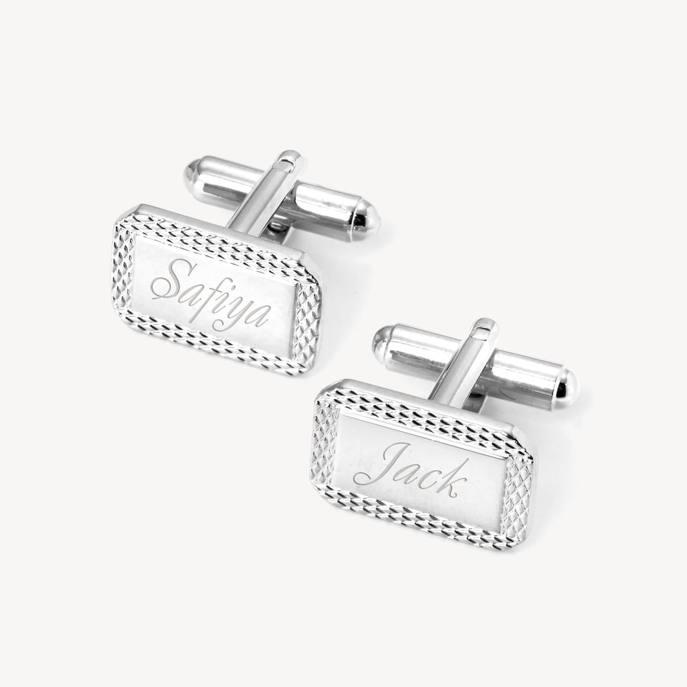 Engraved Edge Rectangular Personalised Cufflinks Rhodium Plated