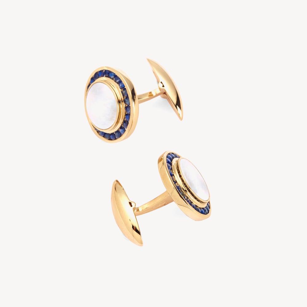 Round Mother of Pearl Gemset Cufflinks Sapphires set in 9ct Gold