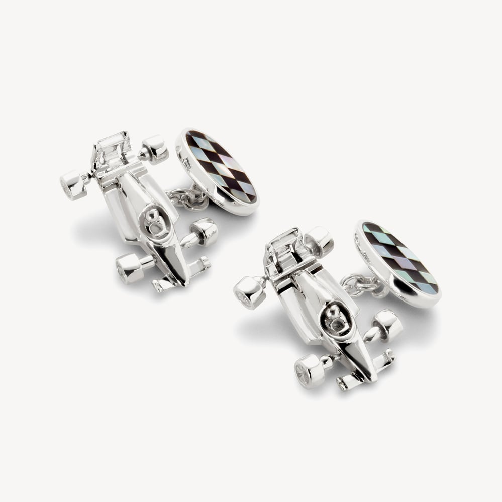 Sterling Silver Racing Chequered Flag Cufflinks Mother of Pearl & Onyx set in Sterling Silver 925