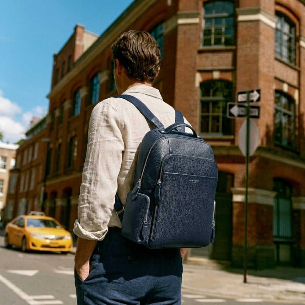 Zipped Leather Backpack Navy Pebble