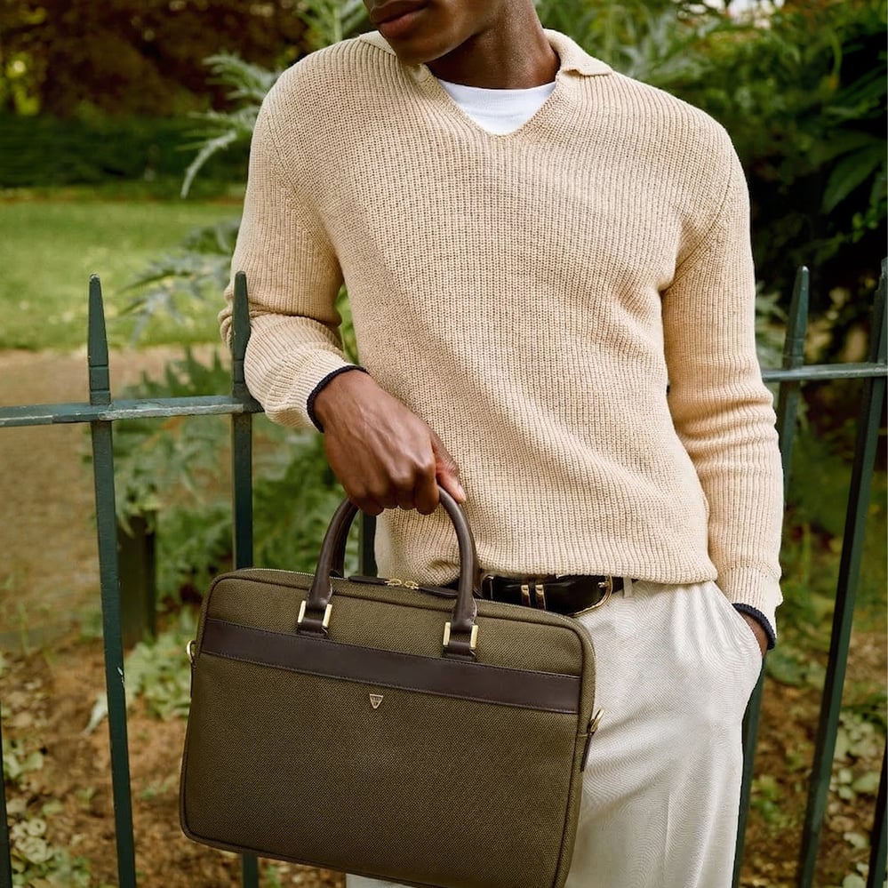 Slim Nylon Briefcase Olive Nylon Canvas with Leather Trim