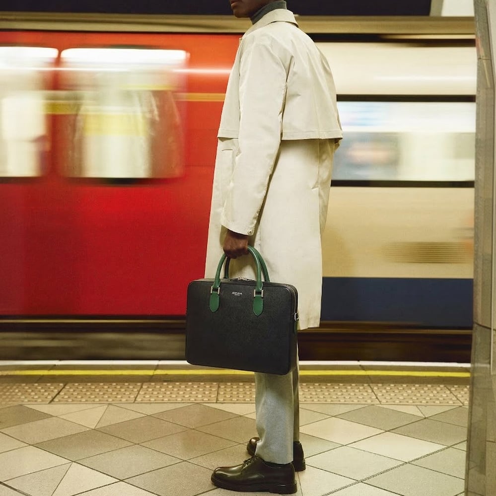 Slim Leather Briefcase Black & Green Saffiano