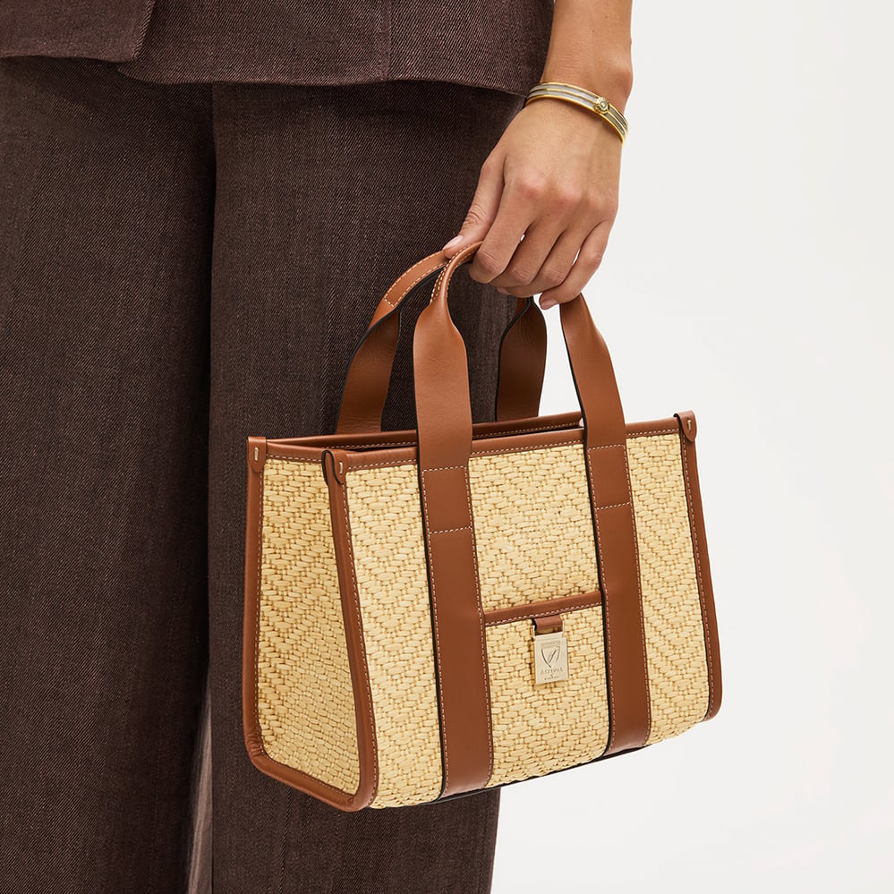 Mini Henley Tote Natural Chevron Raffia & Smooth Tan