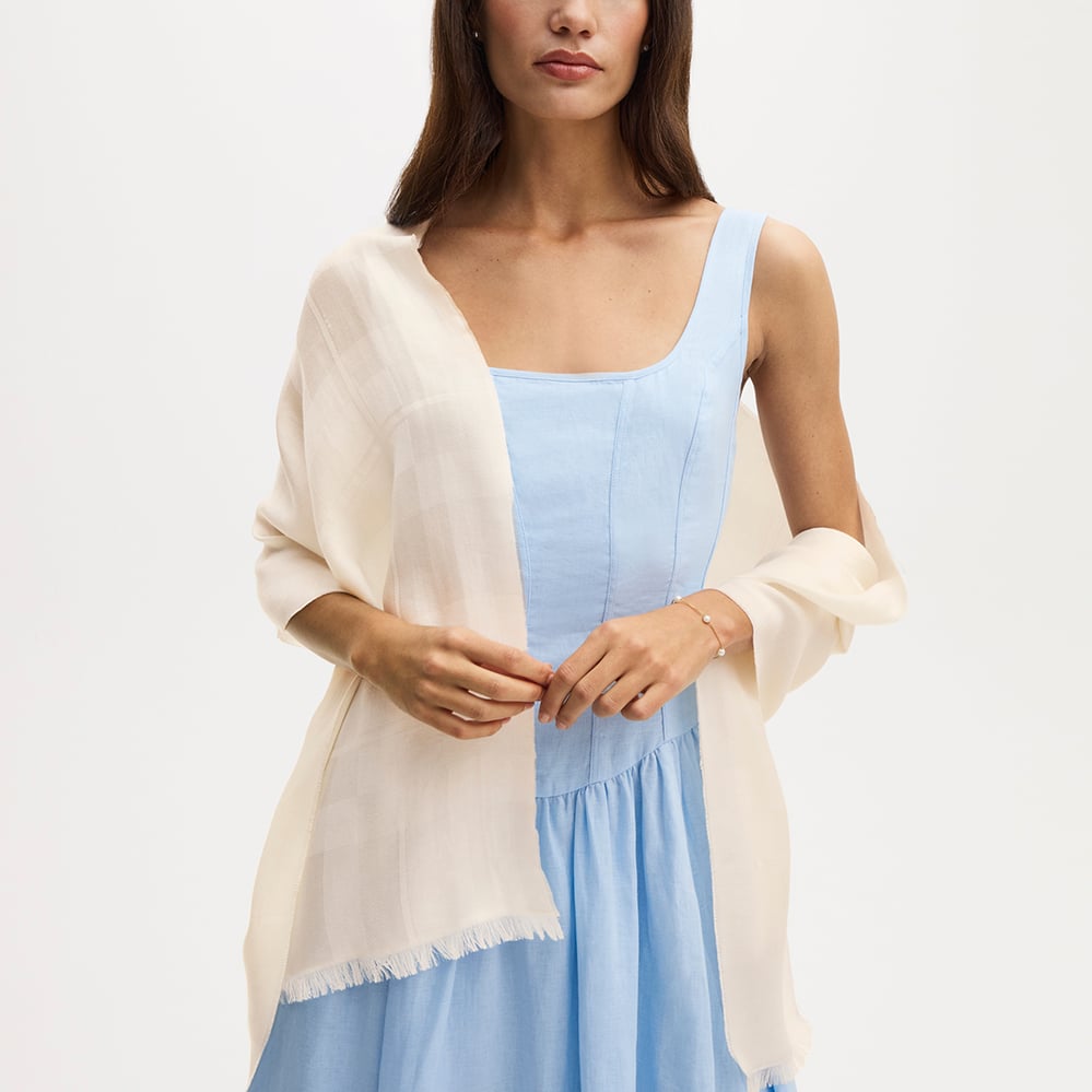 Silk Check Scarf Ivory Silk Modal