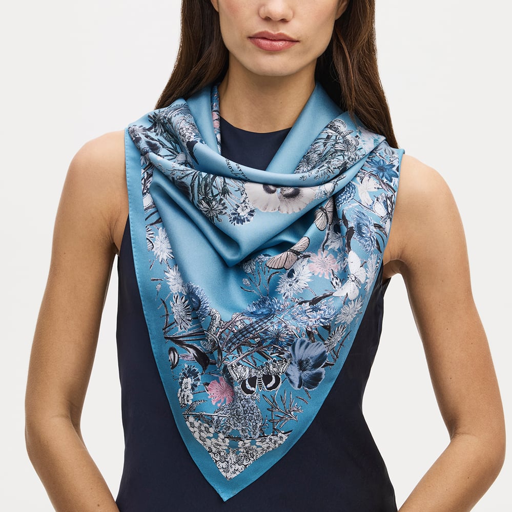 Ombre 'A' Floral Silk Scarf Sky Blue Pure Silk
