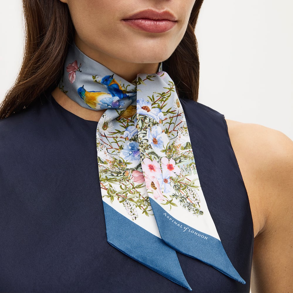 Edwardian Garden Skinny Silk Scarf Sky Blue Pure Silk