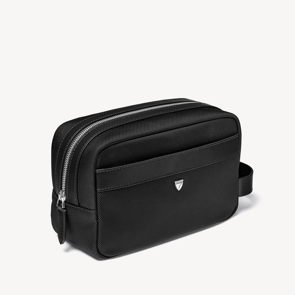 Men's Wash Bag Black Nylon Canvas with Leather Trim