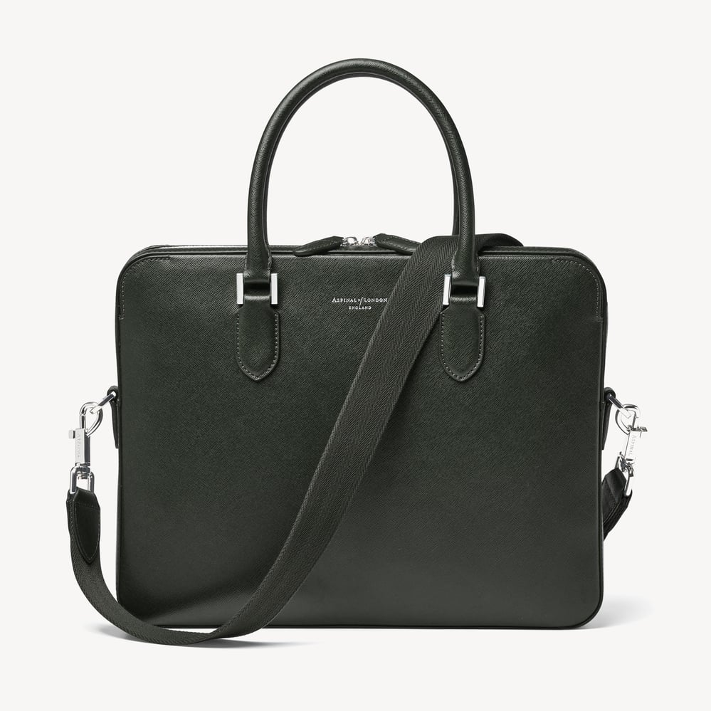 Slim Leather Briefcase Forest Green Saffiano