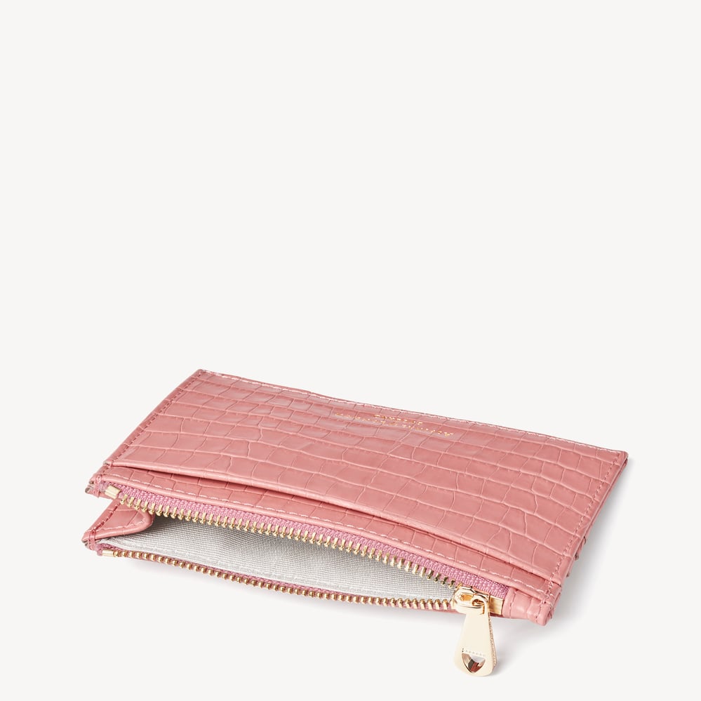 Double Sided Zipped Card & Coin Holder Deep Shine Cherry Blossom Small Croc