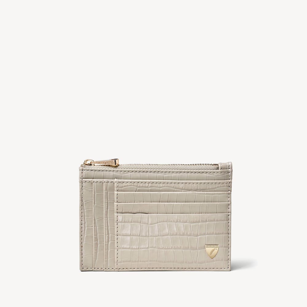 Double Sided Zipped Card & Coin Holder Deep Shine Dove Grey Small Croc