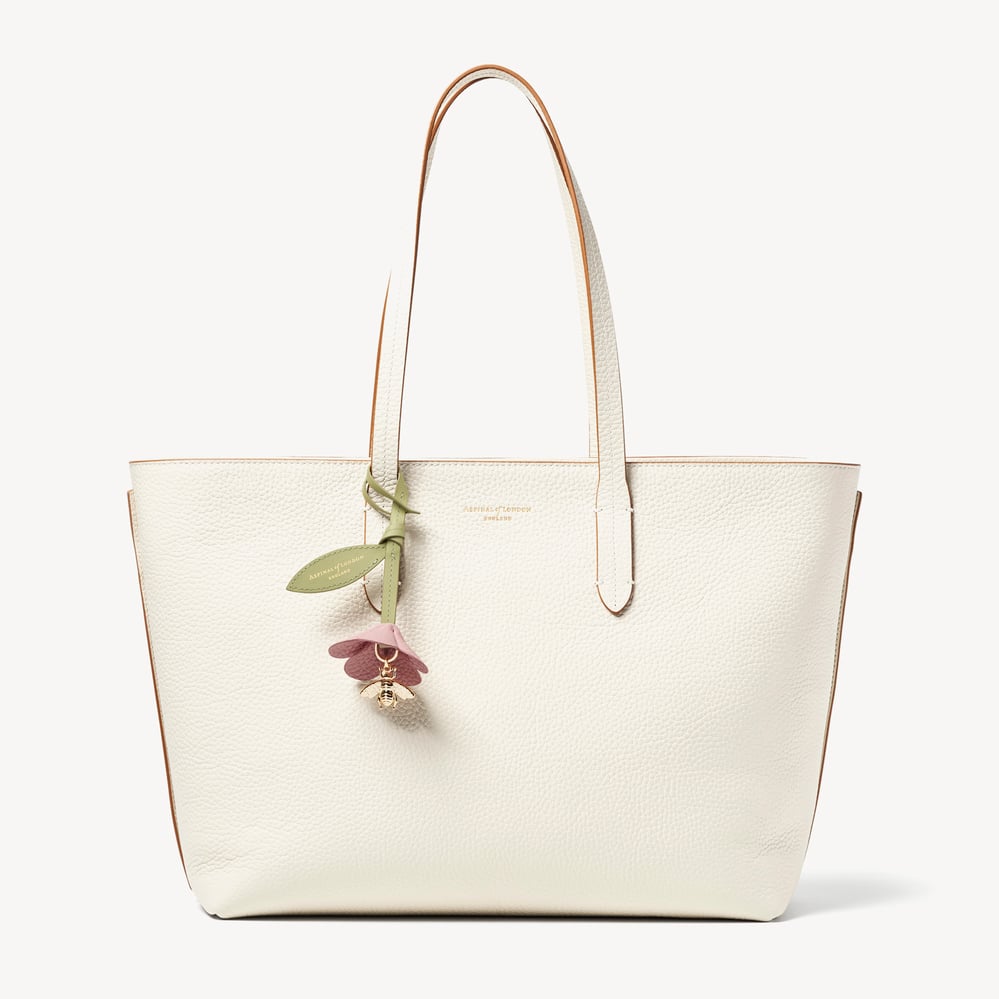 Zipped East West Tote with Bee & Flower Charm Ivory Pebble