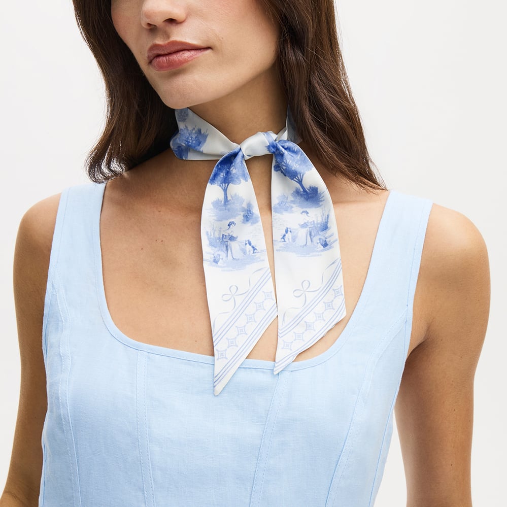 Skinny Silk Scarf Sky Blue Toile De Jouy 