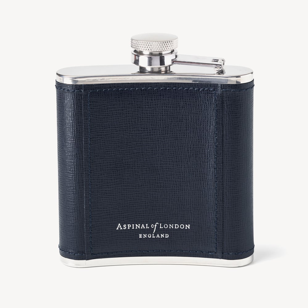 Classic 5oz Leather Hip Flask  Navy Saffiano