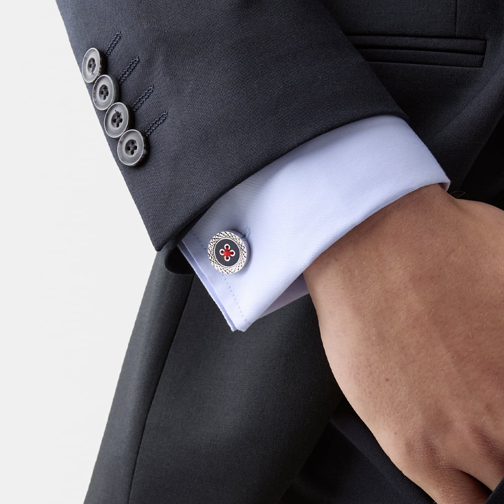 Engraved Edge Button Cufflinks Navy Enamel & Sterling Silver 925