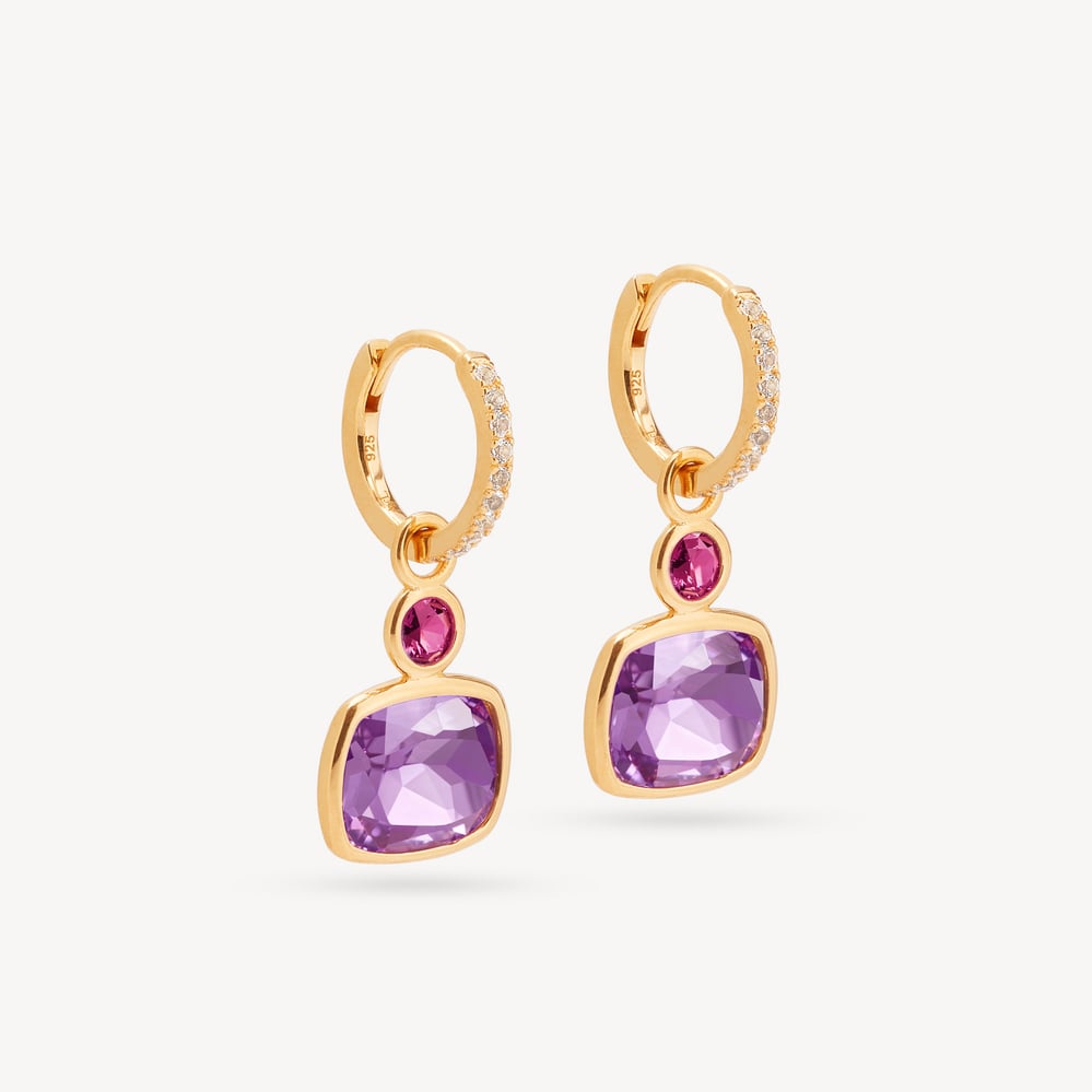 Duo Gemstone Charm Hoop Earrings Purple Amethyst & Rhodolite Garnet