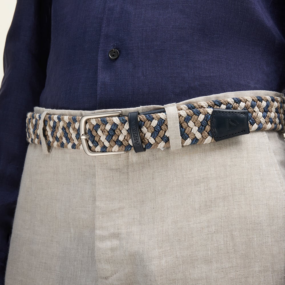 Men's Stretch Woven Belt Natural, Ivory & Navy