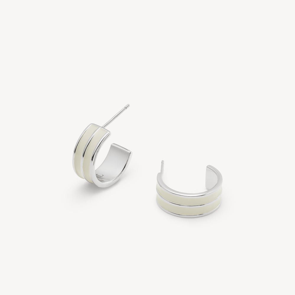 Ribbed Enamel Hoop Earring Ivory Enamel & Palladium Silver Plated