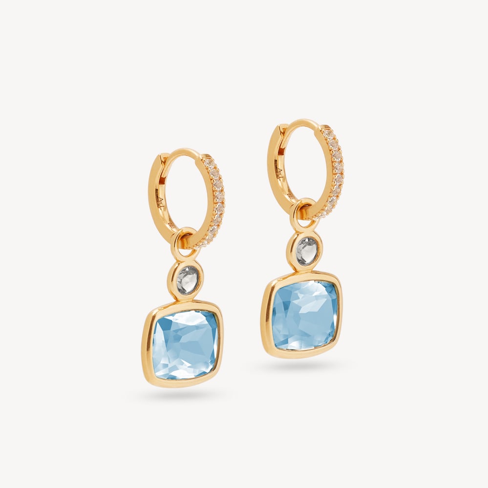 Duo Gemstone Charm Hoop Earrings Sky Blue Topaz & White Topaz