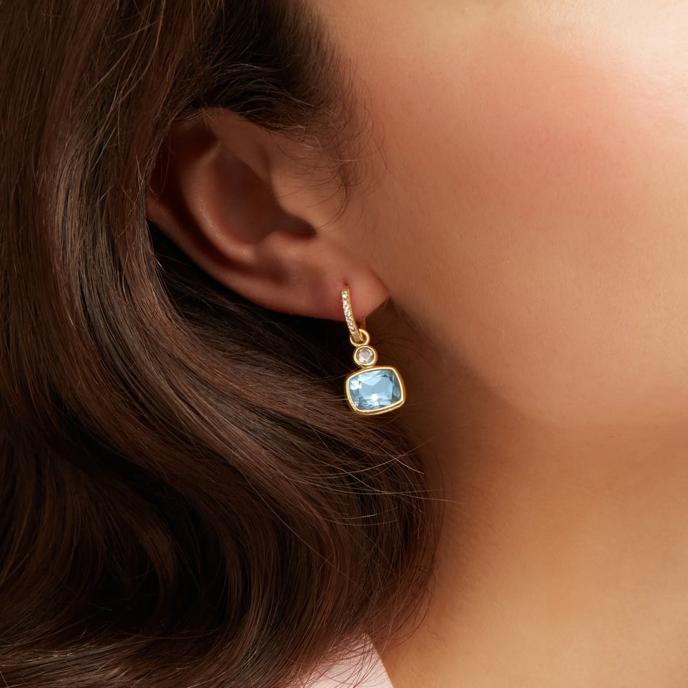 Duo Gemstone Charm Hoop Earrings Sky Blue Topaz & White Topaz