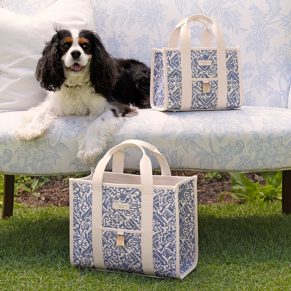 Mini Henley Tote Sky Blue Toile De Jouy Hand Embroidery