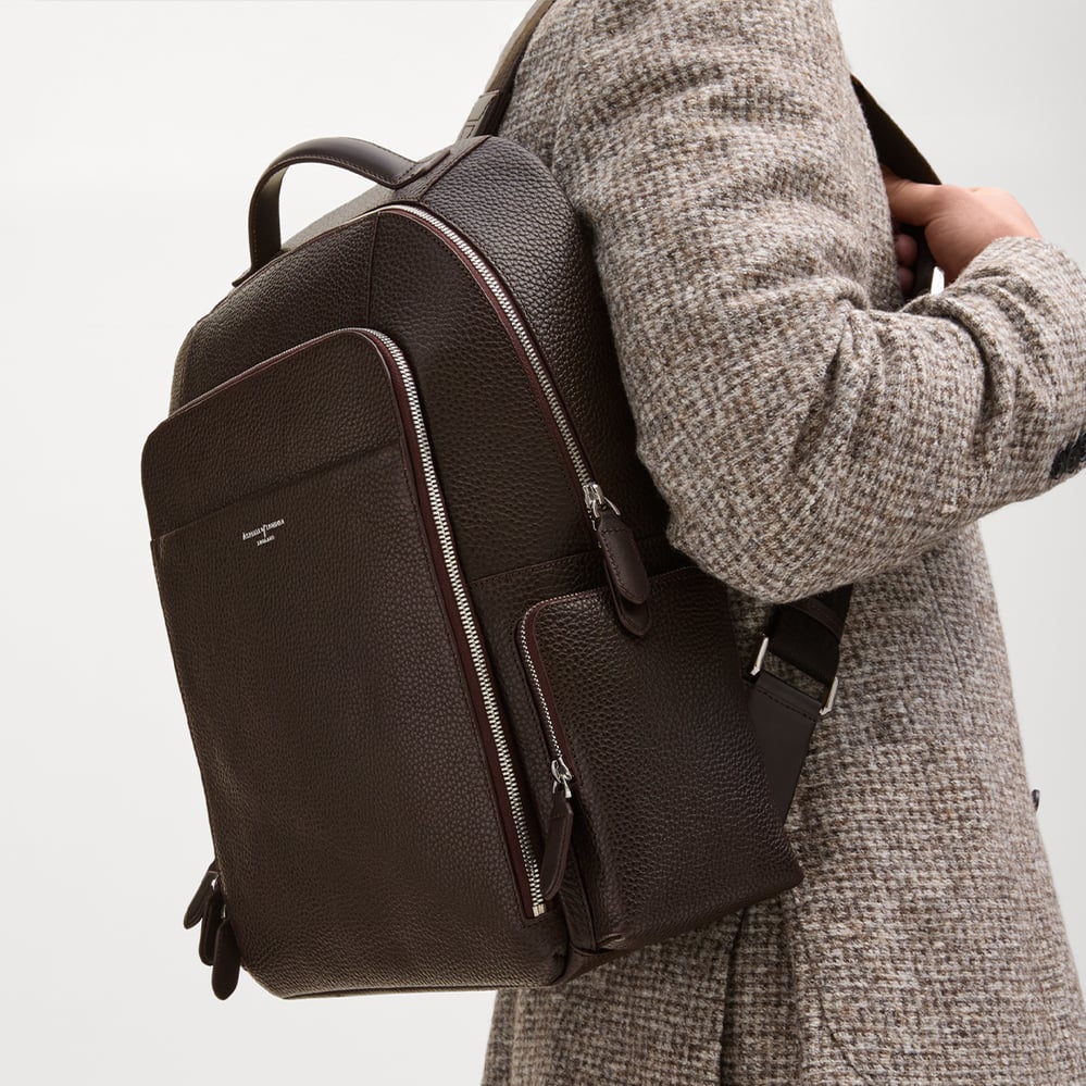 Zipped Leather Backpack Chocolate Pebble