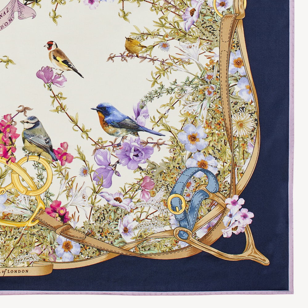 Edwardian Garden Silk Scarf Navy Pure Silk