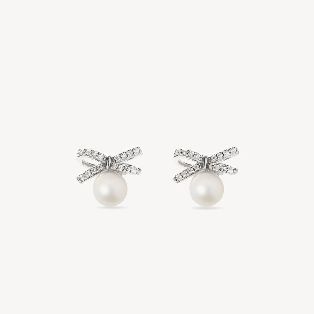 Diamond & Pearl Bow Stud Earrings 0.16ct Diamond