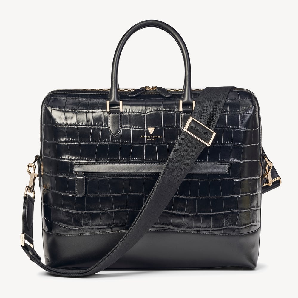 City Structured Briefcase Deep Shine Black Soft Croc