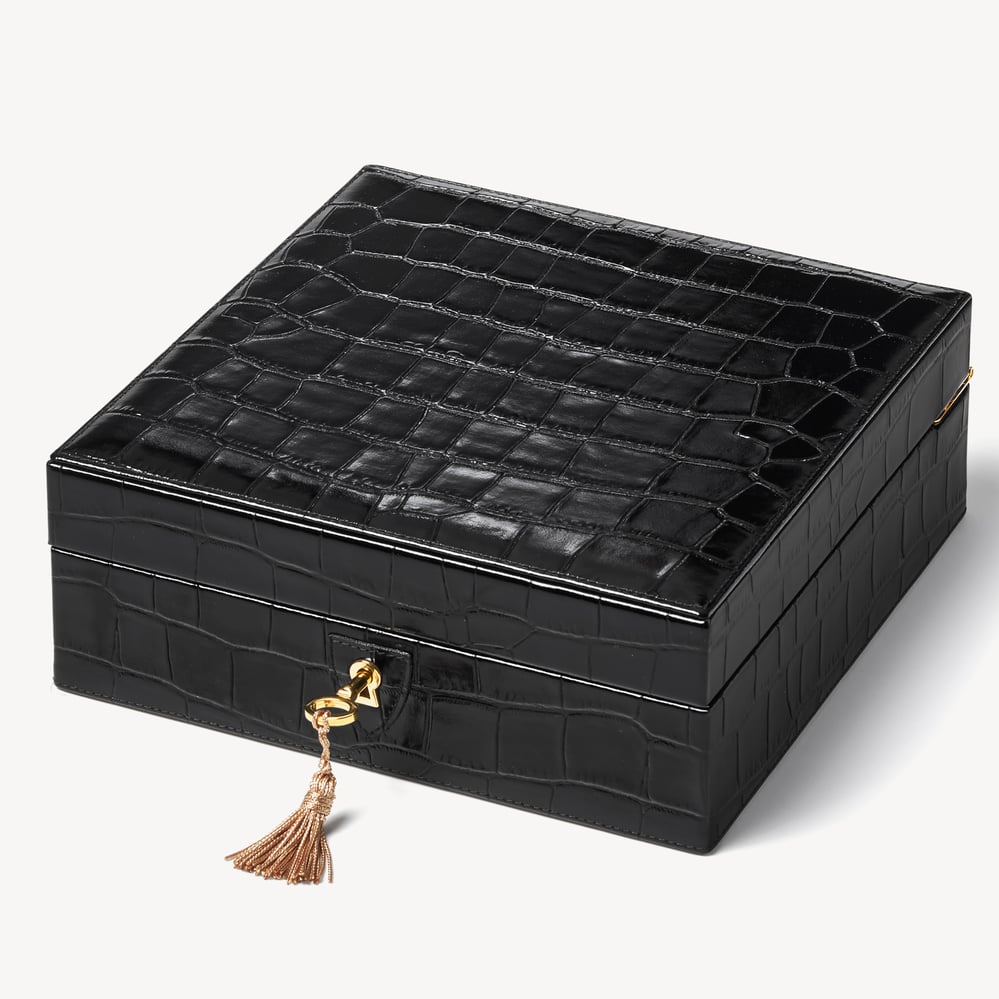 Four Piece Watch Box Deep Shine Black Croc & Cobalt Blue Suede