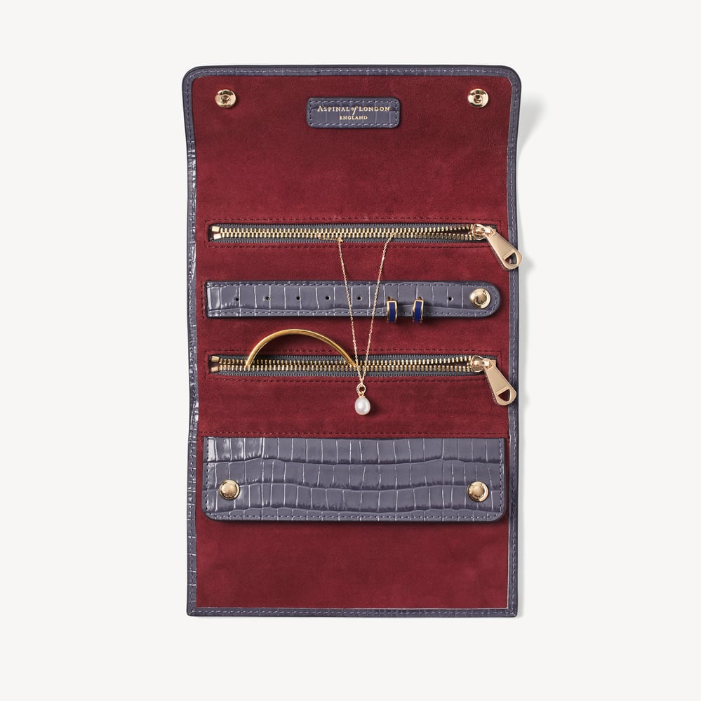 Travel Jewellery Roll Deep Shine Dusky Blue Small Croc
