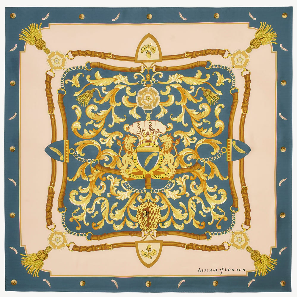Aspinal Signature Shield Silk Scarf Dusky Blue Pure Silk