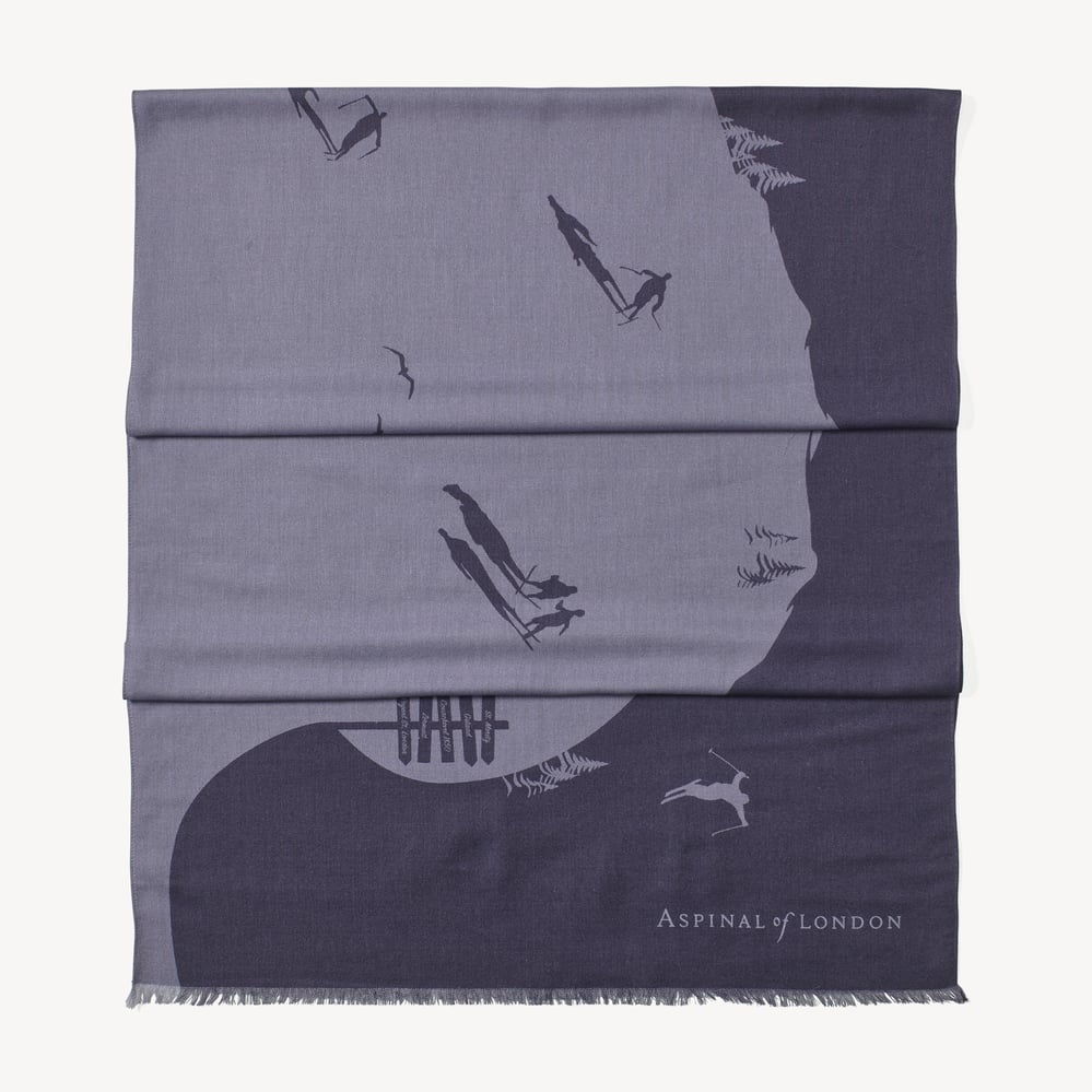 Merino & Silk Stole Graphic Ski Scene Slate Blue & Navy