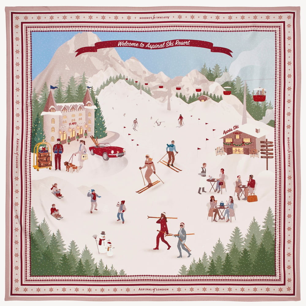 Alpine Ski Scene Silk Scarf Neutral Pure Silk