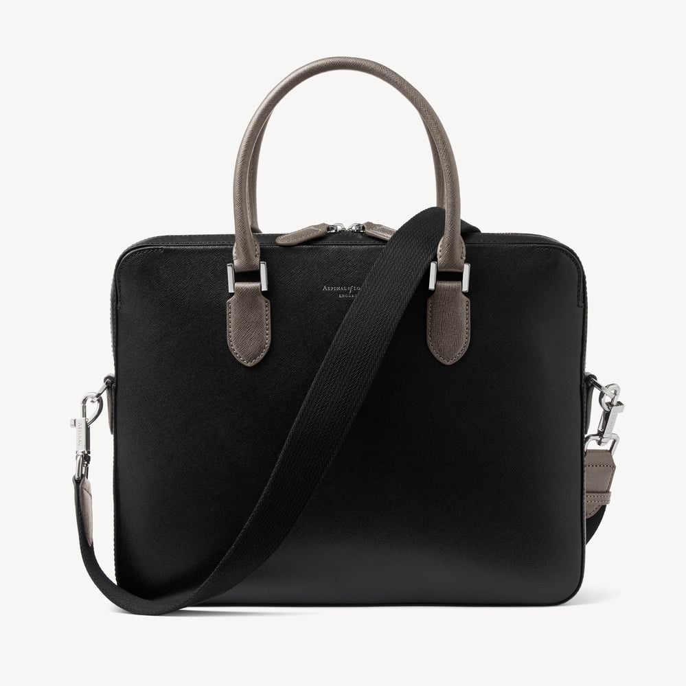 Slim Leather Briefcase Black & Charcoal Saffiano