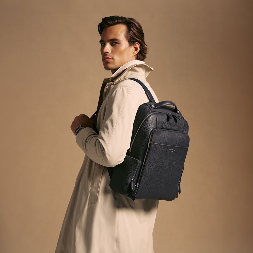 Zipped Leather Backpack Navy Pebble