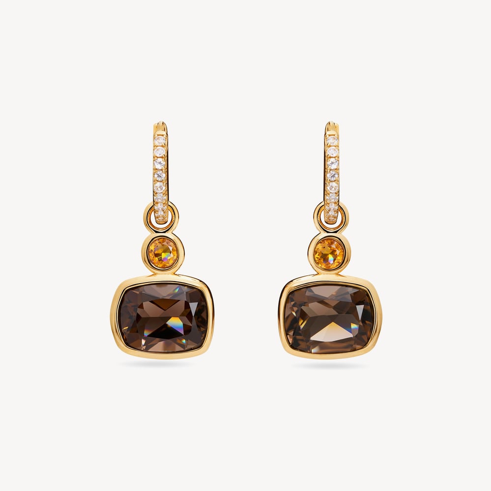 Duo Gemstone Charm Hoop Earrings Smoky Quartz & Citrine