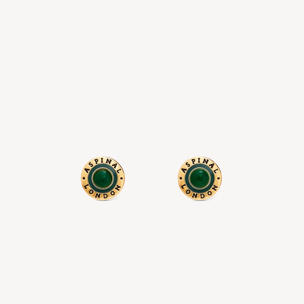 Gemstone Enamel Stud Earrings Racing Green Enamel, Green Agate & 18ct Gold Plated