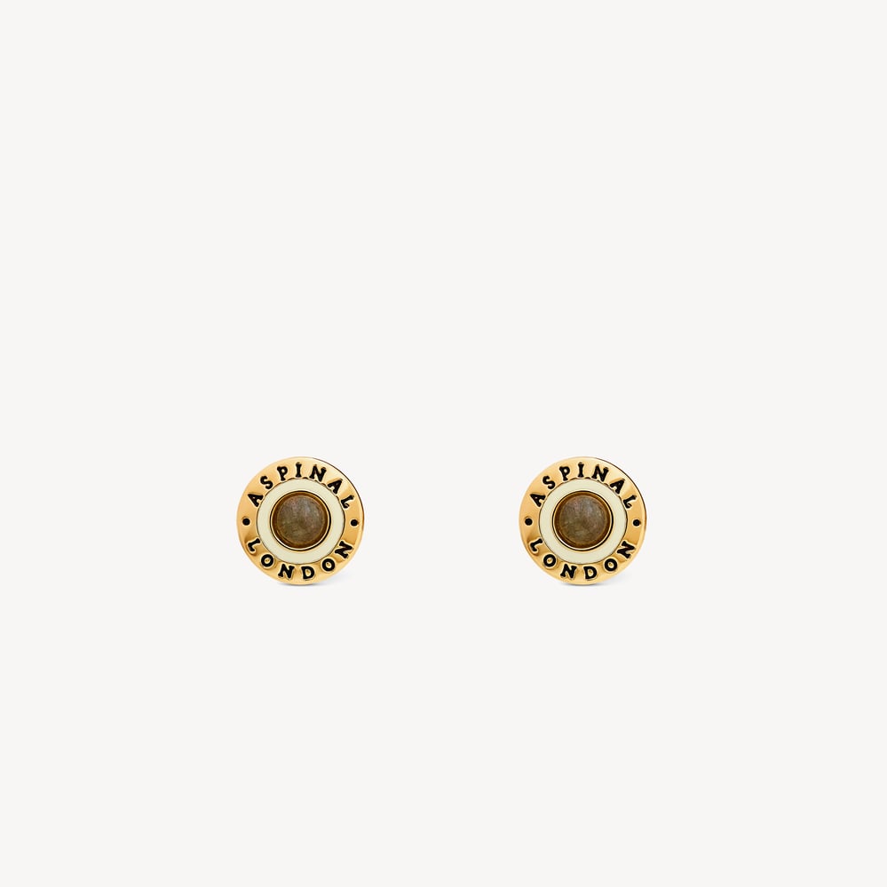 Gemstone Enamel Stud Earrings Ivory Enamel, Labradorite & 18ct Gold Plated