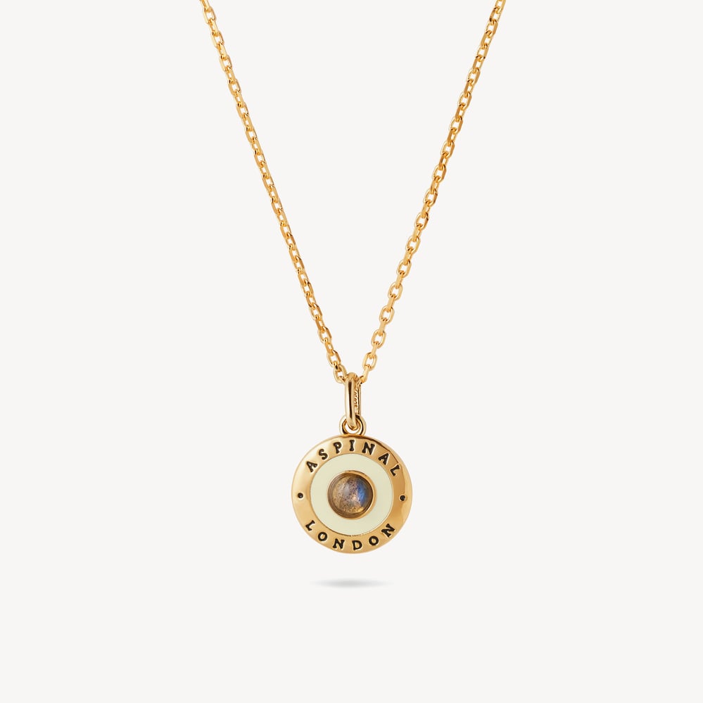 Gemstone Enamel Pendant Necklace Ivory Enamel, Labradorite & 18ct Gold Plated