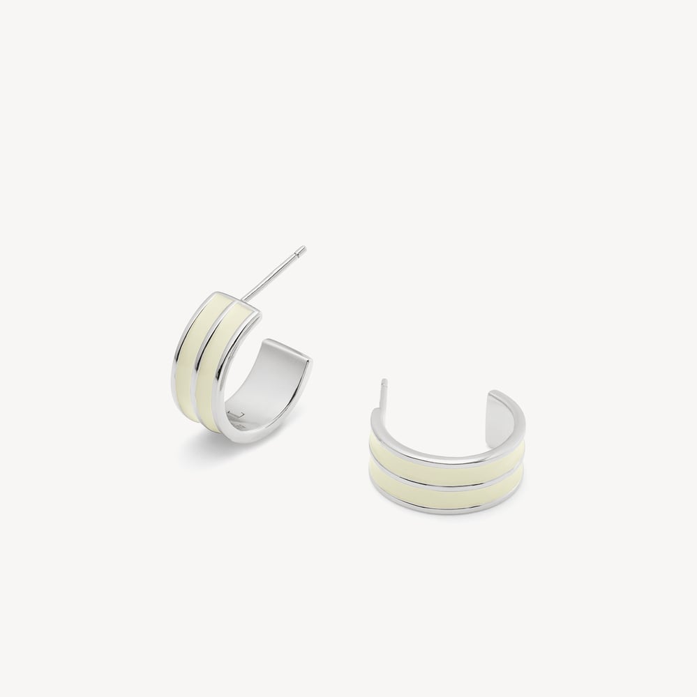 Ribbed Enamel Hoop Earring Ivory Enamel & Palladium Silver Plated