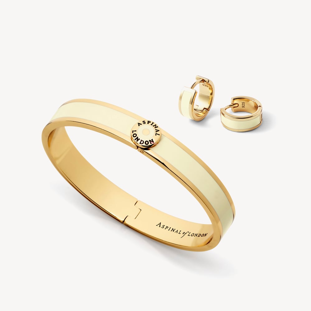 Enamel Earrings & Bangle Set Ivory Enamel & 18ct Gold Plated