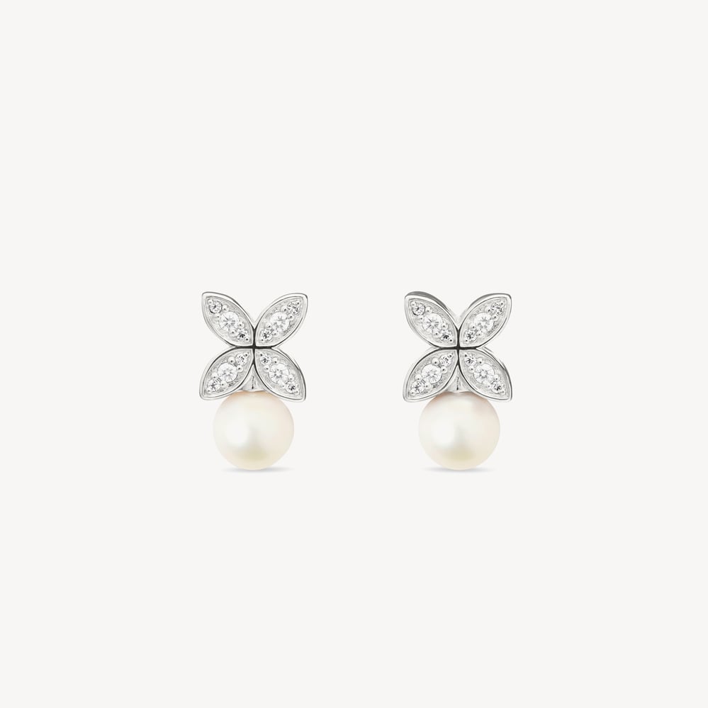 Edwardian Kiss Pearl Stud Earrings Pearl & White Topaz 