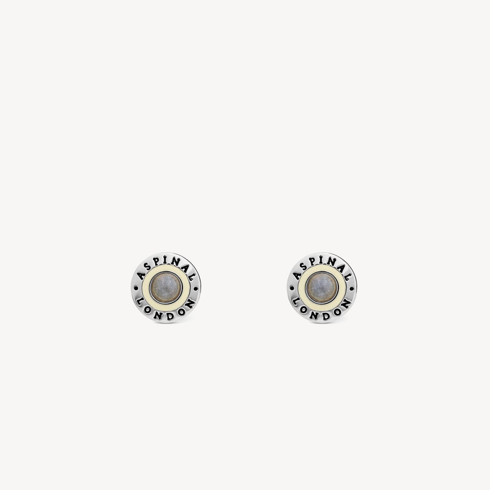 Gemstone Enamel Stud Earrings Ivory Enamel, Labradorite & Palladium Silver Plated