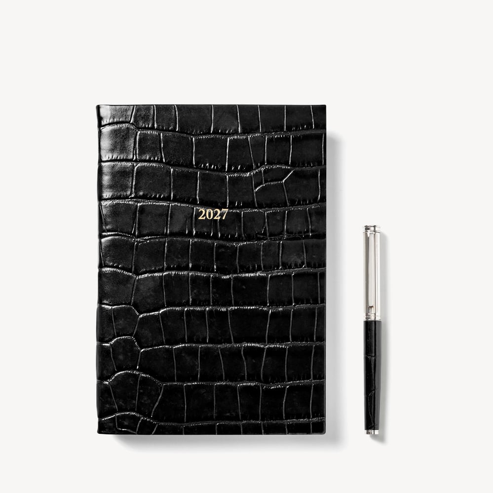 2027 A5 Week to View Diary & Pen Set Deep Shine Black Croc