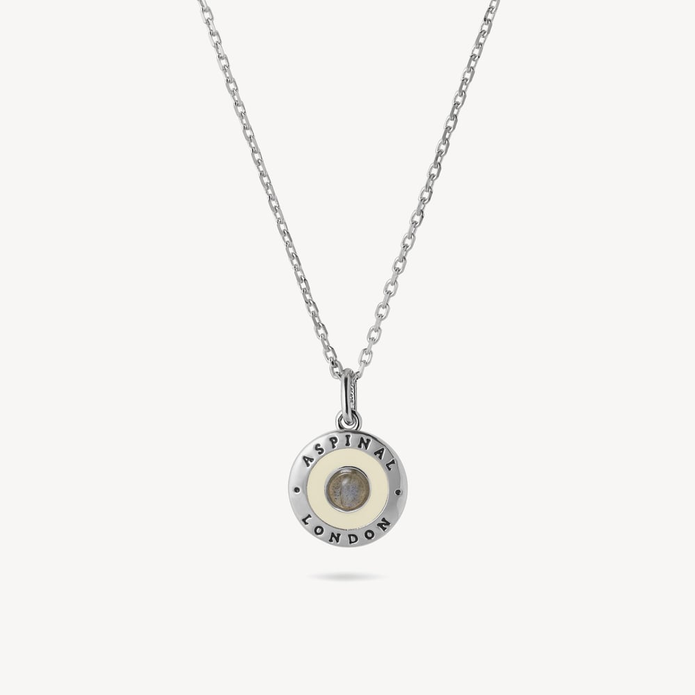 Gemstone Enamel Pendant Necklace Ivory Enamel, Labradorite & Palladium Silver Plated