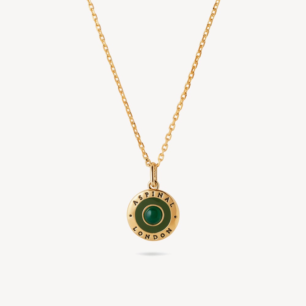 Gemstone Enamel Pendant Necklace Racing Green Enamel, Green Agate & 18ct Gold Plated