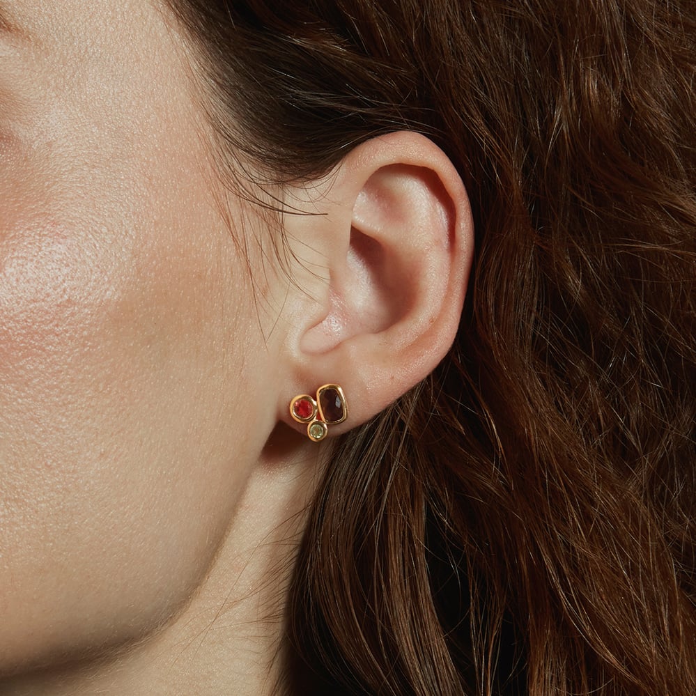 Multi Gemstone Stud Earrings Smoky Quartz, Peridot & Garnet
