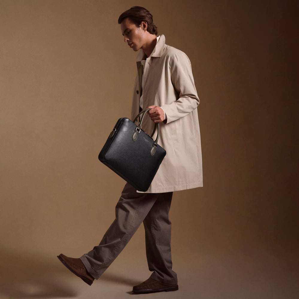 Slim Leather Briefcase Black & Charcoal Saffiano
