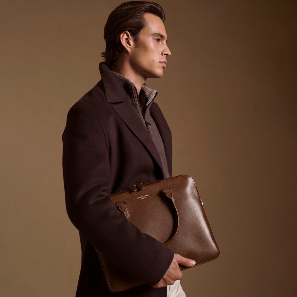 Slim Leather Briefcase Conker Saffiano